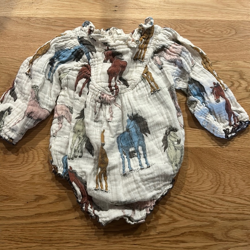Pink Chicken horse print long sleeve bubble romper